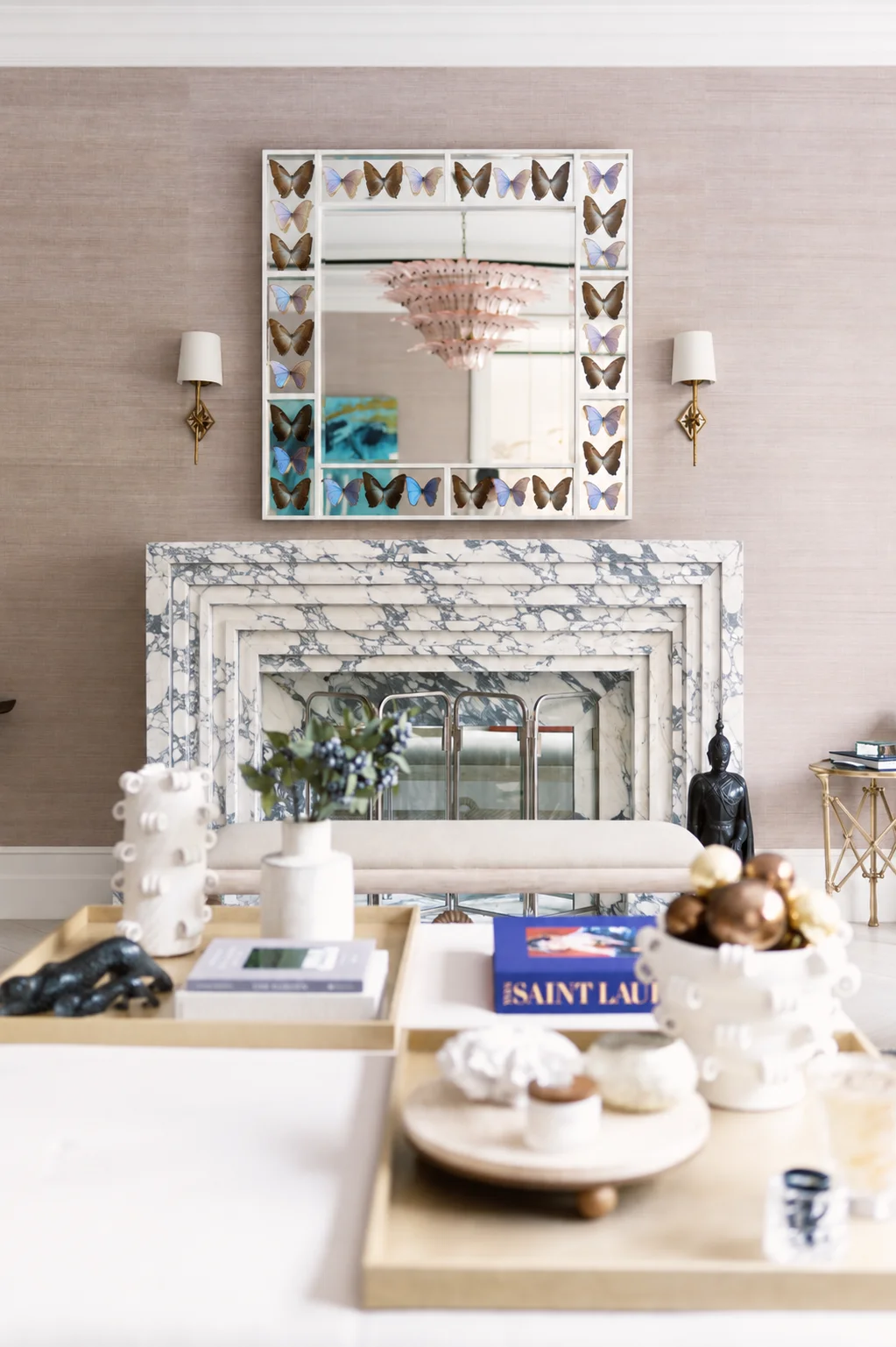 Before: edited view of the marble fireplace without Christmas decorations